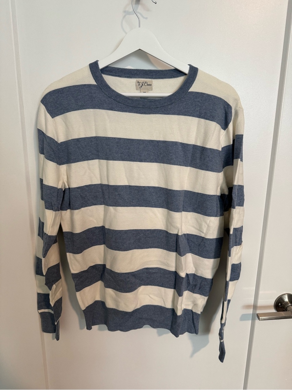J. Crew Blue and Cream Striped Crewneck Sweater